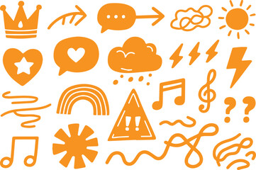 Fototapeta premium Collection of orange hand drawn doodle icons including a crown heart star sun clouds lightning music notes speech bubbles and question marks isolated on transparent background