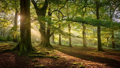 Obraz premium enchanting embrace of english forest where ancient trees dance with whimsical rays of dappled sunlight immersing you serene ambiance that whispers tales of history and tranquility