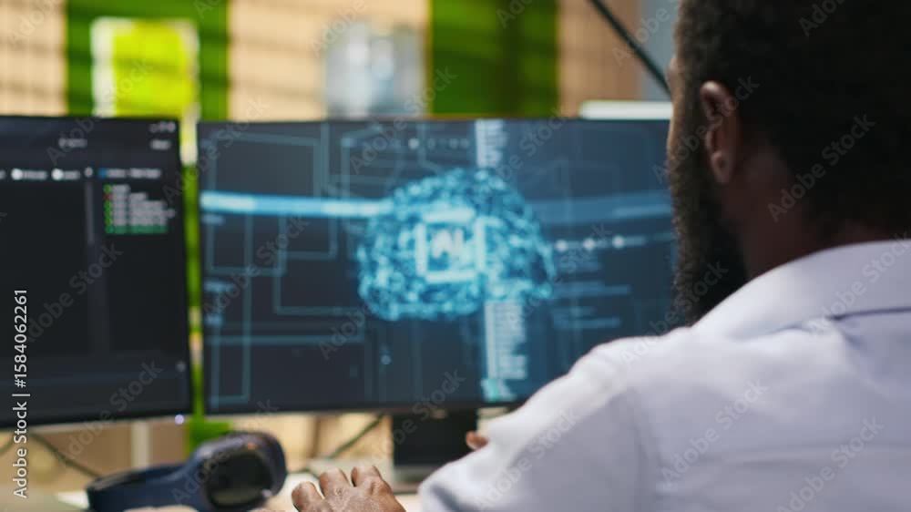 Poster technician in wheelchair using ai on computer to optimize performance and forecast issues. african a