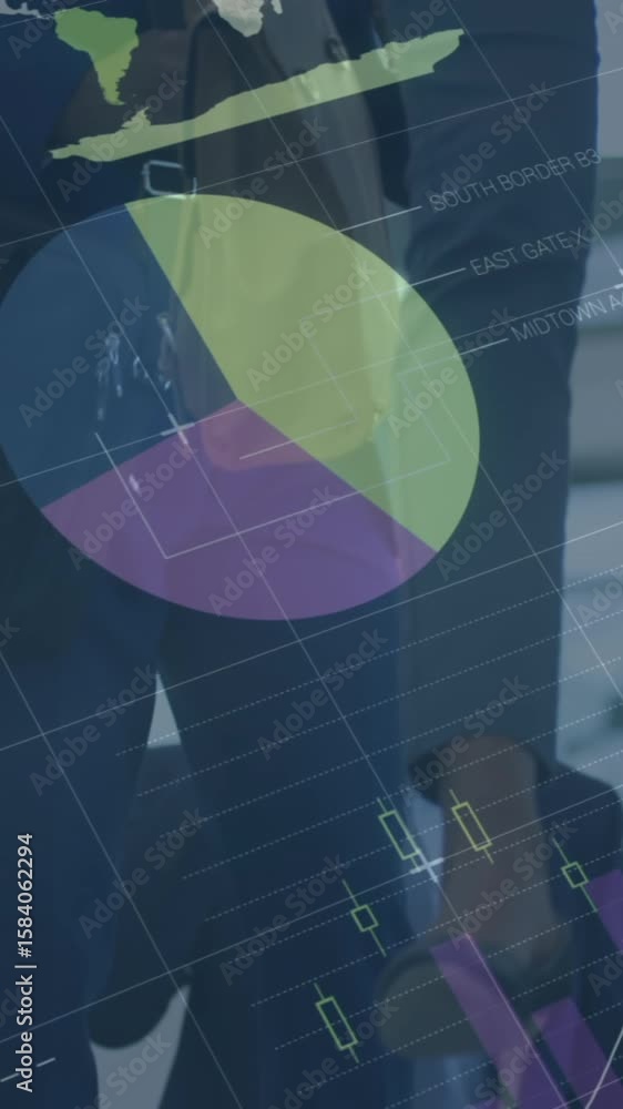 Poster animation of financial data processing over business people using escalator in office