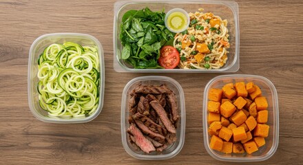 Fresh and Healthy Meal Prep Featuring Zucchini Noodles, Spinach Salad, Beef Strips, and Roasted Butternut Squash in Clear Containers for Balanced Diet