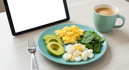 Delicious and Healthy Breakfast with Scrambled Eggs, Avocado, Spinach, and Coffee on a Wooden Table