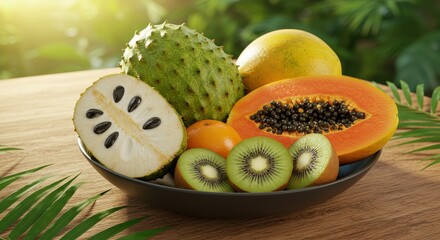 Fresh and Colorful Exotic Fruits Displayed in a Bowl on Wooden Table Surrounded by Greenery