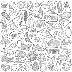 Mountain Adventure Doodle Line Art Illustration. Hand Drawn Vector Clip Art.