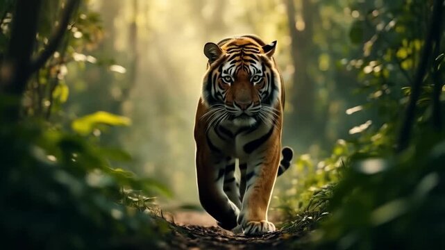 A tiger walking through a lush green forest with sunlight filtering through the trees beautifully animal video