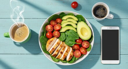 Fresh and Healthy Meal with Grilled Chicken, Avocado, Cherry Tomatoes, Spinach, Coffee, and Smartphone on Blue Rustic Table