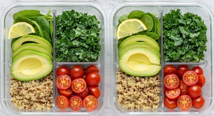 Fresh and Healthy Meal Prep Idea with Quinoa, Avocado, Spinach, Kale, and Cherry Tomatoes in Containers
