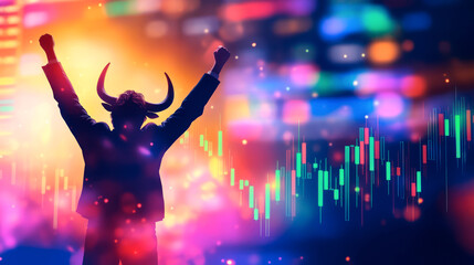 Trader with bull head celebrating a successful trade, throwing up hands. Background is candlestick pattern chart