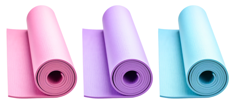 pink, purple and blue rubber mat rolls isolated on white background