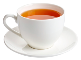 a cup of hot tea on white saucer isolated on white background