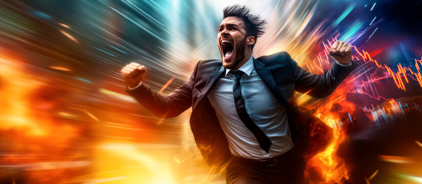 Man in business suit, a trader, runs and yells. Symbol of stress and dynamic nature of money markets