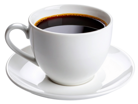 a cup of black coffee with saucer isolated on white background