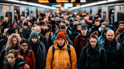 Crowd of people in subway, train station, mundane everyday life