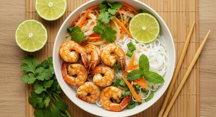 Fresh Shrimp Noodle Bowl with Colorful Vegetables and Lime Garnish on Wooden Surface