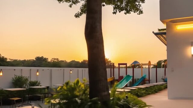 Outdoor cafe with kids playground and garden seating at beautiful sunset