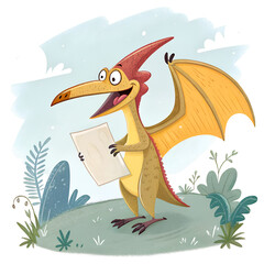 Cartoon Pterosaur Illustration – Flying Dinosaur Holding Drawing in Nature Scene.