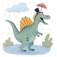 Hand-Drawn Dinosaur Clipart – Cute Green Dino with Umbrella & Hat in Rainy Scene. This adorable watercolor-style illustration features a smiling green dinosaur with blue spots and an orange sail