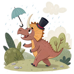 Whimsical Triceratops Illustration – Dinosaur with Top Hat & Floating Umbrella in Rain.