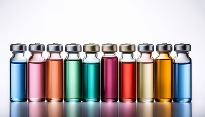 colorful glass vials arrangement with metallic lids on white background