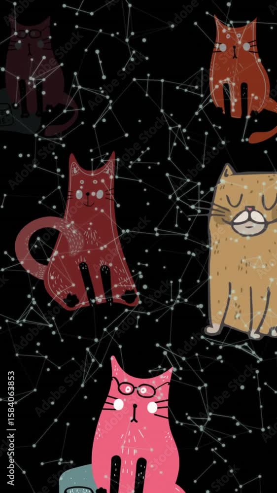 Aufkleber animation of multiple cat icons over network of connections against black background