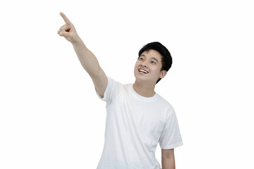 Happy Person Gesturing Pointing with Open Hand Isolated on White Background