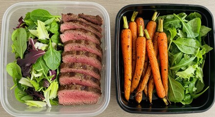 Freshly Prepared Meal with Sliced Beef, Salad Greens, and Roasted Carrots in Meal Prep Containers