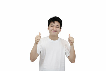 Happy Young asian Man Giving Thumbs Up with Excited Expression on White isolated Background