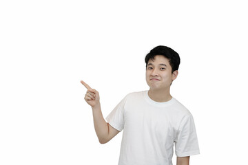 Happy Person Gesturing Pointing with Open Hand Isolated on White Background