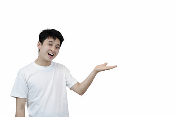 Happy Person Gesturing Pointing with Open Hand Isolated on White Background