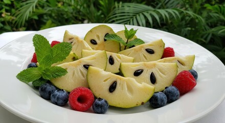 Freshly Sliced Tropical Fruit Platter with Blueberries, Raspberries, and Mint Garnish on a Decorative White Plate