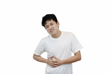 Obraz premium asian Man Clutching Stomach in Pain Expressing Discomfort and Illness on a white isolated background
