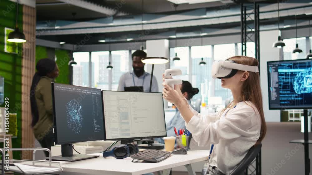Poster junior dev using virtual reality at work, testing generative ai machine learning algorithms. young w