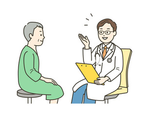 人間ドッグを受ける高齢男性と男性医師の上半身イラスト
