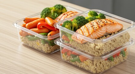 Healthy meal prep containers with salmon, quinoa, carrots, and broccoli for nutritious eating on a wooden table