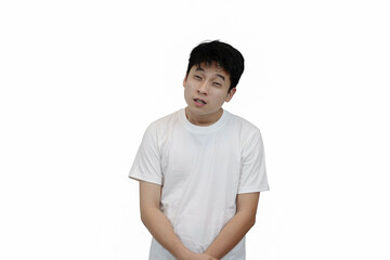 Frustrated asian Man in Stressful Situation in a white isolated background