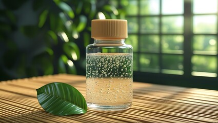 Glass Bottle with Effervescent Liquid and Leaf on Bamboo Mat in Sunlit Interior