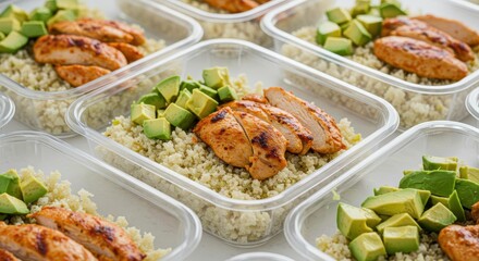 Healthy Meal Prep with Grilled Chicken, Quinoa, and Fresh Avocado in Plastic Containers for Nutrition-Focused Diet Plan