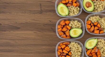 Healthy Meal Prep with Quinoa, Sweet Potato, Avocado on Wooden Background