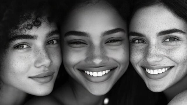Three women, each with different facial expressions, represent a multi-generational family in a timeless black and white portrait.