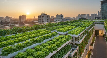 Urban rooftop garden at sunrise showcasing vibrant green lettuce plants and city skyline in the background