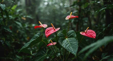 Vibrant Red Anthurium Flowers Surrounded by Lush Green Foliage in a Misty Forest Environment