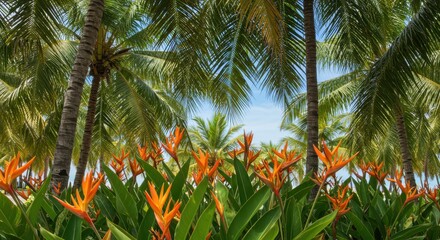 Vibrant Tropical Paradise with Palm Trees and Exotic Orange Flowers Against a Clear Blue Sky