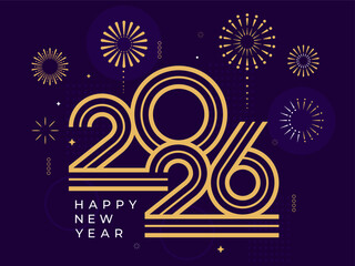 2026 Happy New Year with fireworks design vector illustration. Unique 2026 logo design template. In gold and purple color