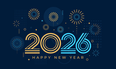 2026 Happy New Year with fireworks design vector illustration. Unique 2026 logo design template. In gold and blue color