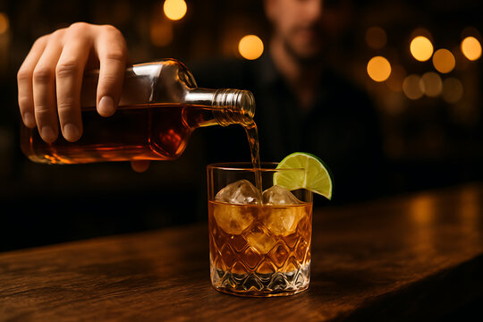 Pouring scotch whiskey into glass with lime and ice in dim bar lighting honoring national scotch day for classic cocktail lovers and elegant spirit enjoyment - Powered by Adobe