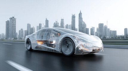 Futuristic self-driving car driving on city road with transparent structure