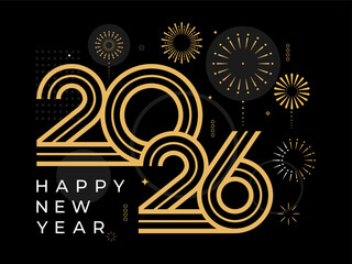 2026 Happy New Year with fireworks design vector illustration. Unique 2026 logo design template. In gold color
