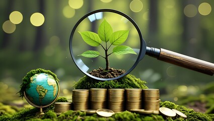 Eco-Friendly Finance Growth Concept with Magnifying Glass, Plant, Coins, and Globe