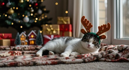 Festive Cat with Reindeer Antlers Relaxing Near Christmas Tree and Gifts