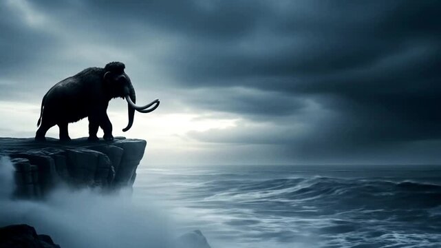 Woolly mammoth standing on a cliff edge overlooking a stormy ocean. Ideal for historical or nature documentaries.